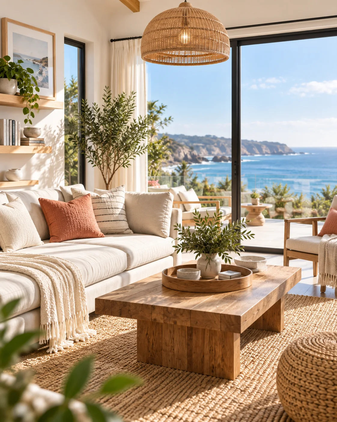 Bright, carefully prepared coastal rental living room