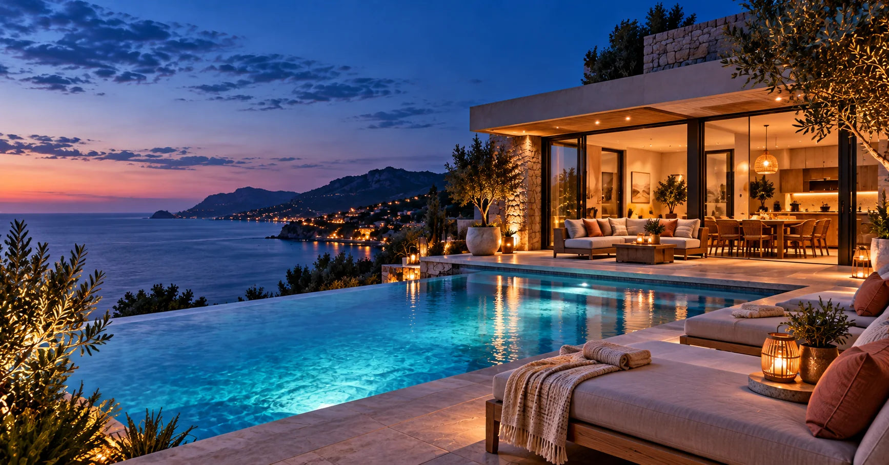 Coastal rental villa with a lit terrace and infinity pool at dusk